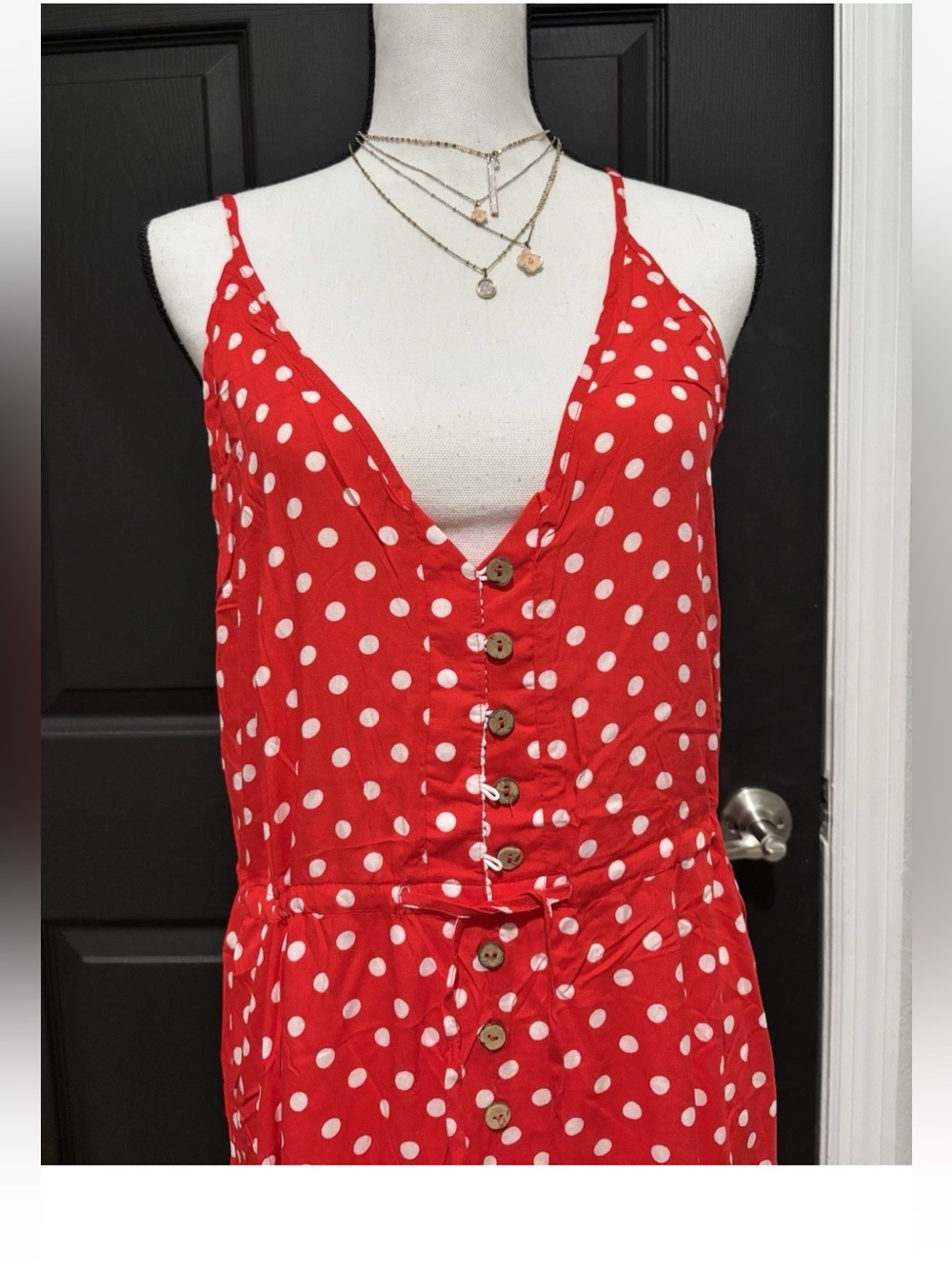 Red Polka Dot Midi Dress Lightweight Flowy Boho Spaghetti Strap XL - Picture 6 of 9